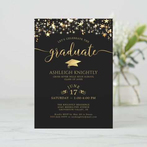 Black Gold Confetti Stars Graduation Party Invitation Gold Graduation Party, Invitation Graduation, Grad Invitations, Graduation Invitations Template, High School Graduation Party, Graduation Party Invitation, Photo Invitations, Gold Confetti, Graduation Party Invitations