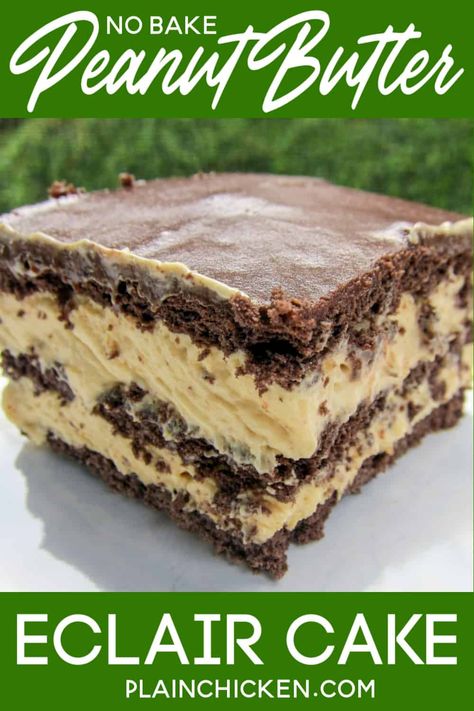 Peanut Butter Eclair Cake, Peanut Butter Eclair, Eclair Cake Recipe, Peanut Butter Pudding, No Bake Eclair Cake, Eclairs Dessert, Eclair Cake Recipes, Chocolate Eclair Cake, Butter Pudding