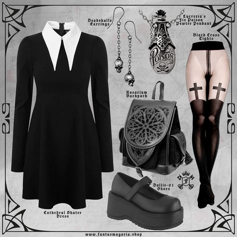 This outfit is a perfect homage to Wednesday Addams, combining classic gothic elements with a back-to-school theme that’s both stylish and edgy. The look is completed with accessories that emphasize a dark, mysterious, and slightly playful aesthetic. Visit Fantasmagoria shop to create your own look 🖤🤍🖤 #wednesdayaddams #gothicgirl #backtoschool #blackandwhite #gothicfashion #gothicshop Wednesday Addams Outfit Aesthetic, Wednesday Addams Outfit Inspiration, Addams Outfit, Wednesday Addams Outfit, Gothic Academia, Wednesday Outfit, Goth Outfit Ideas, Playful Aesthetic, Gothic Elements