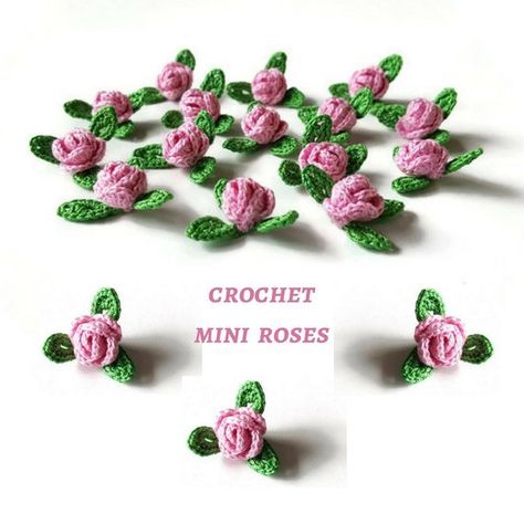 Tiny Flower Crochet, Rose Flower Making, Roses Crochet, Rose With Leaves, Easy Rose, Flowers Applique, Crochet Rose Pattern, Rose Hair Clip, Crochet Pink