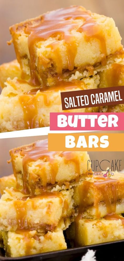 Salted Caramel Butter Bars, Gooey Butter Bars, Caramel Butter Bars, Caramel Butter, Butter Cakes, Caramel Ingredients, Gooey Butter, Gooey Butter Cake, Caramel Desserts