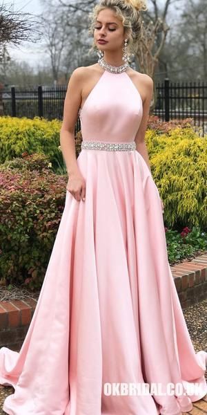 856fc81623da2150ba2210ba1b51d241desc35042473ri Evening Dress Long, Prom Dresses Long Pink, Halter Prom Dresses, Prom Dresses With Pockets, Pink Prom, High Neck Sleeveless, Satin Prom Dress, Pink Prom Dresses, Maxi Robes