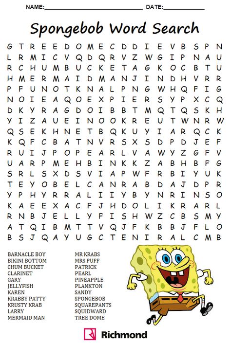 #WordSearch - Spongebob time! Spongebob Worksheets Free Printable, Spongebob Worksheets, School Sheets, 100 Días De Clases, Word Puzzles For Kids, Kids Therapy, Kids Word Search, Free Printable Word Searches, Disney Word