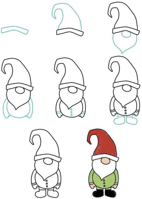 Gnome Easy Drawing, Gnome Doodles How To Draw, Xmas Drawing Ideas For Kids, Winter Drawings Simple, Draw Gnomes Simple, Simple Christmas Pictures To Draw, Gnome Drawing Simple Step By Step, Simple Gnome Drawing, Bujo Doodles Simple