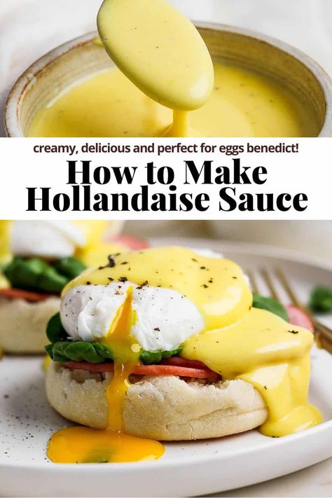 How to Make Hollandaise Sauce -  a step-by-step tutorial that teaches you how to make this classic French mother sauce! #howtomakehollandaisesauce #howtomakehollandaisesauceeasy #howtomakehollandaisesauceeggbenedict #howtomakehollandaisesaucewithoutablender #howdoyoumakehollandaisesauce Halendase Sauce, Cheesy Hollandaise Sauce, Quick Hollandaise Sauce No Blender, Holindaise Sauce Recipe Egg Benedict, Diy Hollandaise Sauce, Holindaise Sauce Easy, Pesto Hollandaise Sauce, How To Make Hollandaise Sauce Easy, Hollandaise Sauce Easy Immersion Blender