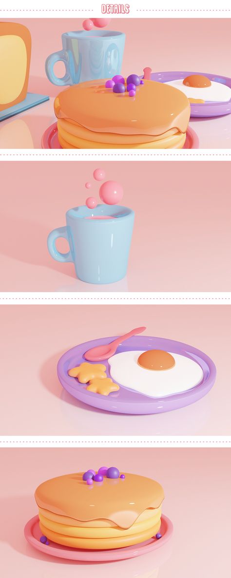 Blender 3d Wallpaper, Blender 3d Illustration, Blender Projects, Blender Modeling, Food 3d, Cute Breakfast, Blender Food, Unique Website Design, 3d Things