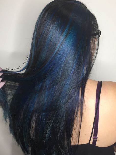 Dark Blue Layered Hair, Blue Balayage On Brown Hair, Dark Blue Hair Streaks, Blue Highlights In Dark Brown Hair, Dark Blue Skunk Stripe Hair, Blue Hair Inspo Color, Hair Dye Ideas Black Hair, Black Hair With Blue Strands, Highlight Blue Hair