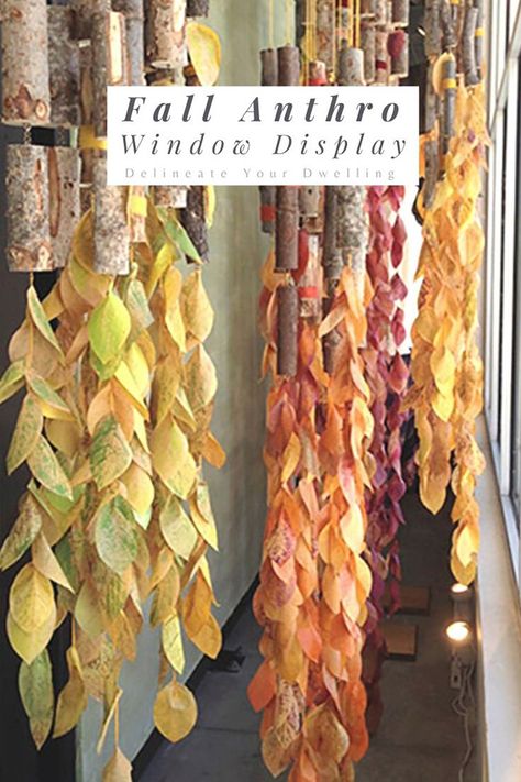 Learn how to make these simple DIY leaf press leaves for a fun autumn hanging display, inspired and created during an Anthropologie window display workshop. Delineate Your Dwelling Window Decoration Ideas For School Autumn, Thanksgiving Store Window Displays, Fall Crafts To Hang From Ceiling Classroom, Nature Window Display, Fall Storefront Window Display, Autumn School Decoration, Anthropologie Fall Window Display, Thanksgiving Window Display, Fall Window Display Store Fronts