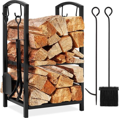 INDOOR/OUTDOOR USE: Carefully crafted with heat-resistant wrought iron to ensure a stronger storage rack that withstands flames while accentuating your fireplace or outdoor fire pit
EASY ASSEMBLY: Put the storage rack together with minimal effort by simply attaching each self to the sides before hanging your tools
OVERALL DIMENSIONS: 17"(L) x 12"(W) x 29"(H); Weight Capacity: 55 lbs. Firewood Stand, Firewood Racks, Log Storage, Firewood Logs, Fireplace Logs, Firewood Rack, Iron Holder, Fireplace Tools, Christmas Dining