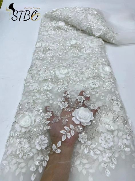 Nigerian Party, African Wedding Jewelry, Mesh Embroidery, White Lace Fabric, Beaded Lace Fabric, Lace Fabrics, Womens Wedding Dresses, Beaded Tulle, Wedding Dress Fabrics