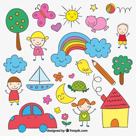 Children's drawing Free Vector | Free Vector #Freepik #freevector #hand #kids #hand-drawn #colorful Children Drawing Ideas For Kids, Simple Art For Kids, Kid Doodles, How To Draw Kids, Kids Drawing Ideas, Doodle Kids, Pintura Hippie, Drawing Children, Easy Pictures To Draw