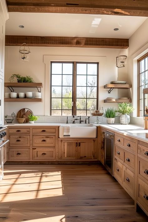 Natural Wood Cupboards Kitchen, White Cabinets Kitchen Butcher Block Wood Counter, Cottage Kitchen With Wood Cabinets, Farmhouse Sink With Wood Cabinets, Natural Farmhouse Kitchen, Wooden Farmhouse Kitchen, Kitchen Ideas White Countertops, Dutch Kitchen Design, Light Countertops Wood Cabinets