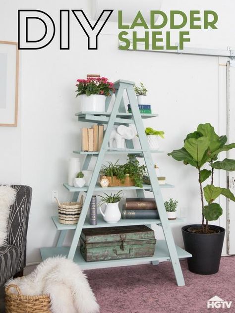 Step-by-Step Shelving: DIY Ladder Shelf Step Ladder Ideas, Upcycle Ladder, Diy Ladder Shelf, Wood Ladder Shelf, Repurposed Ladders, Shelving Diy, Ladder Shelf Diy, Old Wooden Ladders, Wooden Ladder Shelf