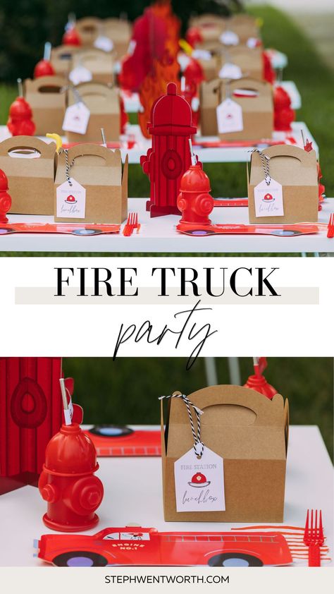 DIY Fire Truck Themed Party - Steph Leighworthy Meri Meri Fire Truck, Fire Truck Birthday Favors, Fire Truck Birthday Party Ideas Games, Fire Fighter Theme Party, Fire Truck Goodie Bags, Third Birthday Firetruck, Modern Firefighter Party, Fire Truck Party Games, Firefighter Party Decor