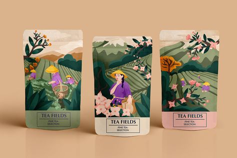 Packaging Illustration on Behance Illustration Packaging Design, Coffee Label Design, Tea Box Design, Packaging Illustration, Illustration Packaging, Tea Illustration, Tea Packaging Design, Coffee Label, Branding Design Packaging