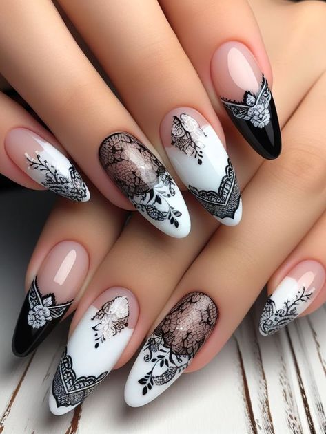 A classic black and white French manicure with a twist, featuring intricate lace tips and delicate floral accents for a romantic touch. Lacey Nails Nailart, Lace Tip Nails, Nail Art Stamping Designs, Nails With Lace Design, Black And White French Manicure, White French Manicure, French Manicure With A Twist, Black And White French, Mandala Nails