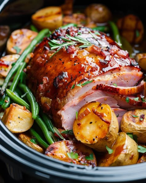 I'm in love with this dish! Easy Slow Cooker Ham Recipes, Slow Cooker Ham Roast Recipes, Pork Potatoes Crock Pot, Crockpot Ham Roast, Crockpot Ham Roast Recipes, Sunday Ham Dinner, Ham Hawk Recipes, Slow Cooker Ham Steak, Slow Cooker Boneless Ham Recipes