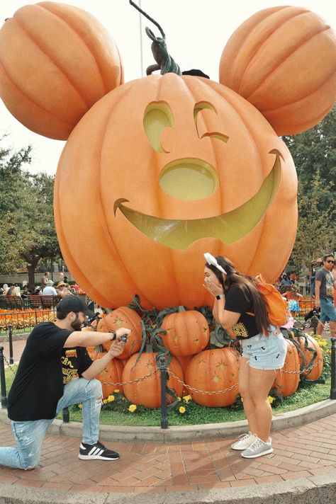 Halloween at Disney Marriage Proposal! Halloween Proposal Ideas, Disney Marriage, Disney Proposal Ideas, Disneyland Proposal, Halloween Proposal, Halloween At Disney, Homecoming Dinner, Engagement Board, Disney Proposal