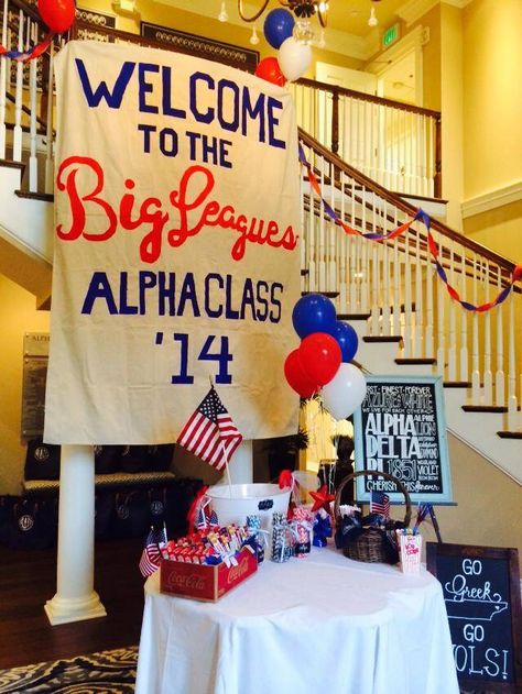 Baseball themed Bid Day. Baseball Bid Day, Bid Day Ideas, Sorority Recruitment Themes, Alpha Delta Pi Sorority, Sorority Themes, Recruitment Themes, Sigma Pi, Sorority Events, Tri Sigma