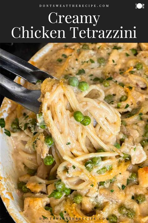 This budget-friendly, flavor-packed Chicken Tetrazzini recipe is easy to make, creamy, and delicious. It's the perfect family meal. Chicken Tetrazzini Healthy, Betty Crocker Chicken Tetrazzini, Rotisserie Chicken Tetrazzini, Rotisserie Chicken Recipes Leftover Pasta Easy, Chicken Tretazzini Recipe, Homemade Chicken Tetrazzini, Tetrazzini Chicken, Creamy Chicken Tetrazzini, Easy Chicken Tetrazzini