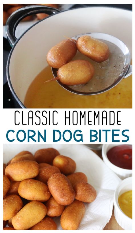 Homemade Corn Dog Bites Recipe Corn Dog Batter Recipe Easy, Corn Dog Bites Recipe, Corn Dog Bites, Homemade Corndogs, Corndog Recipe, Carnival Food, Batter Recipe, Corn Dog, Hot Dog Recipes