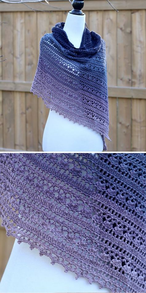 Handmade purple gradient shawl with intricate lace pattern displayed on a mannequin against a wooden fence background. Crochet Bridal Shawl Pattern Free, Elegant Crochet Wrap Pattern, Irish Shawl Crochet Pattern, Shawl With Sleeves Crochet Pattern, Lace Crochet Shawl Pattern Free, Crochet Lace Shawl Pattern Free Easy, Shawl Patterns Crochet Free, Crochet Shawls And Wraps Free Patterns, Free Crochet Patterns For Shawls