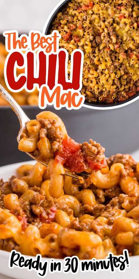 This Chili Mac is comfort food in a bowl, the perfect blend between warm spicy chili and satisfying macaroni and cheese in a 30-minute meal. Chili Mac Recipe Easy, Grain Dishes, Chilli Mac, Easy Chilli, Easy Chili Mac, Chili Mac Recipe, Chili Pasta, Chili Mac And Cheese, Pasta Meals