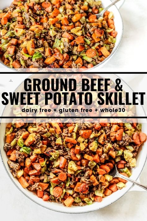 Meals With Ground Beef Dairy Free, Ground Turkey Sweet Potato Brussel Sprout, Meat Dishes For Dinner Meals, Ground Beef And Potato Meal Prep, Whole 30 Meals With Ground Beef, Ground Beef Recipes For Dinner Whole 30, Ground Beef Brussel Sprouts Sweet Potato, Brussel Sprouts And Ground Turkey, Dinners With Sweet Potatoes Healthy