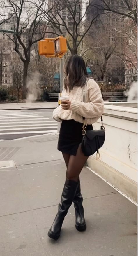 Skirt With Riding Boots Outfit, Knee High Boots Midsize, Sweater Dress And Knee High Boots, Long Boots And Skirt Outfit, Skirt And Knee High Boots Outfit, Black Skirt Black Boots Outfit, How To Style Riding Boots, Skirt Sweater Boots Outfit, Knee High Boots Outfit Midsize