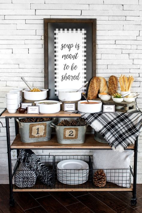 As we head into winter, we can’t help but think about all of the fabulous things that the change of season brings! Cold weather, gorgeous snow (depending where you live!), cute boots and cozy scarves… we could go on and on. The thought of hosting a warm + cozy night in with friends should definitely be on … Soup Party Ideas, Hygge Party, Soup Swap, Soup Party, Soup Bar, Mutual Activities, Chili Bar, Winter Favorites, Cozy Soup