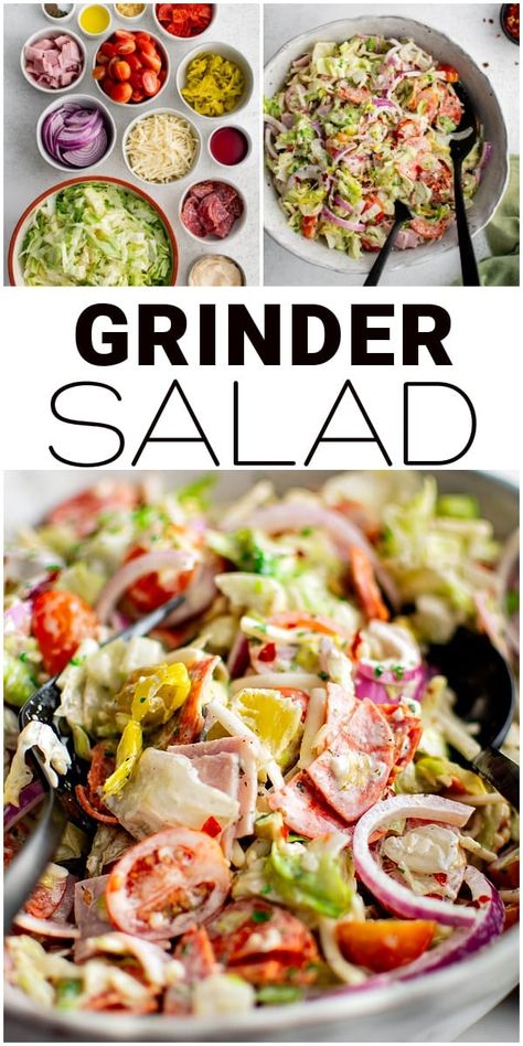 This Grinder Salad is everything you love about the classic Italian-American Grinder sandwich minus the bread! Made salami, ham, pepperoni, provolone, pepperoncini, and fresh veggies all coated in a creamy mayo dressing, serve this high-protein salad antipasto style or as a simple side salad for lunch or dinner. Healthy Antipasto Salad, Grinder Sandwich Salad, Italian Salami Salad, Italian Grinder Bean Salad, Italian Sandwich Salad, High Protein Chopped Salad, Grinder Salad Recipe, Macro Salad, Hoagie Salad