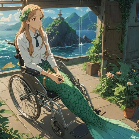 Mermaid with the long fishtail in wheelchair - AI Generated Artwork - NightCafe Creator Mermaid Fantasy Art Mythical Creatures, Wheelchair Mermaid, Summer Anime Art, Mermaid Model, Mermaid Anime, Mermaid Pose, Aqua Mermaid, Anime Mermaid, Sketch Poses