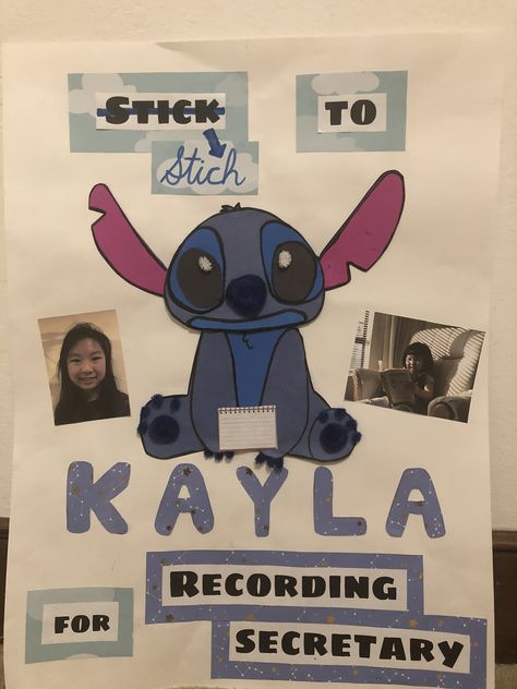 Here’s a cute poster image for a seventh grader running for student council this year. #liloandstitch #campaignideas # studentcouncil #2018-2019council #cute #foam Poster Design Student Council, Disney Campaign Posters, Student Council Board Ideas, Student Council Posters Ideas Creative Funny, Treasurer Campaign Ideas, Student Council Campaign Posters Ideas Creative, School Council Poster Ideas, Stugo Posters, Elementary Student Council Posters