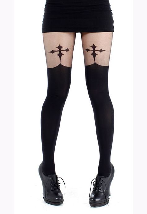 Goth Tights, Gothic Tights, Goth Cross, Plus Size Gothic, Suspender Tights, Estilo Emo, Angel Outfit, Cute Stockings, Black Goth