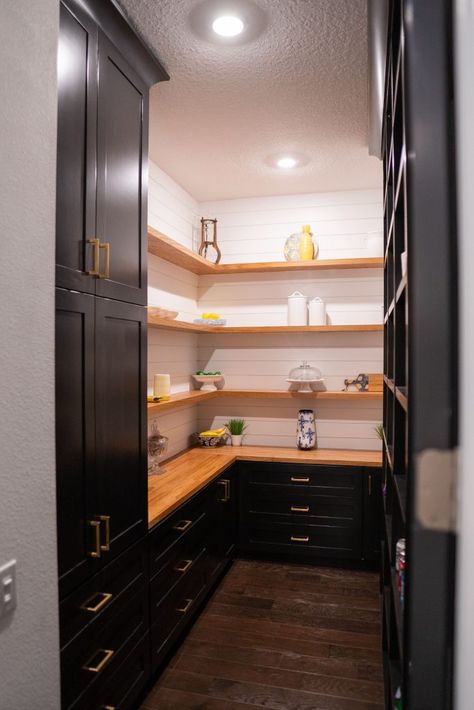 Black walk-in pantry #kitchen #blackcabinets #floatingshelves Black Cabinets Pantry, Pantry With Black Cabinets, Black Cabinet Pantry, Black And Wood Pantry, Black Pantry Cabinets, Dark Wood Pantry, Pantry With Cabinets And Counter, Black Butlers Pantry, Kitchen Cabinet Colors Combinations