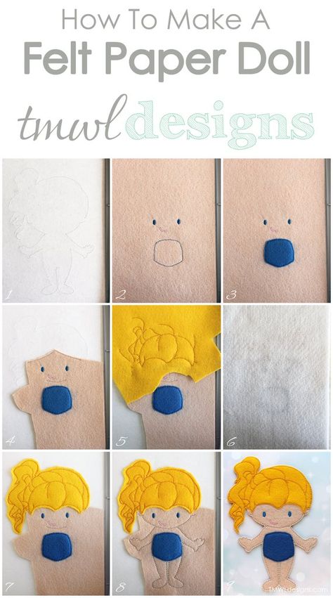 How To Make A Felt Paper Doll - Iris - TMWL Designs Felt Doll Pattern Free Templates Quiet Books, How To Make Felt Dolls, Felt Paper Dolls Pattern Free, Felt Doll Pattern Free Templates, Felt Book Ideas, Felt Paper Dolls, Felt Doll Tutorial, Felt People, Felt Doll Pattern