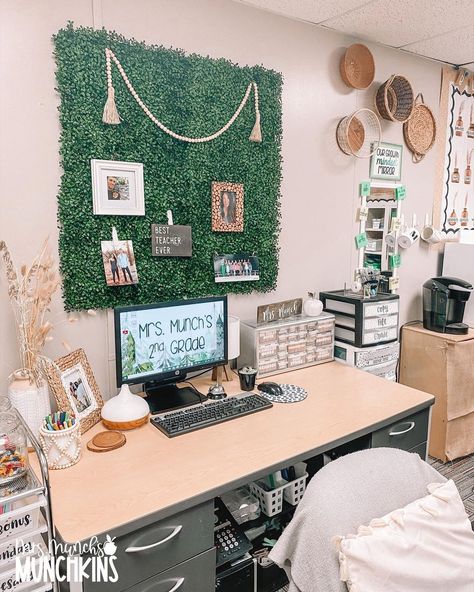 @mrsmunchsmunchkins shared a photo on Instagram: “Teacher Desk Revamp nearly complete! 🤗 Except this morning I discovered something NO teacher wants to find on their desk….👇🏽 MOUSE…” • Aug 11, 2021 at 7:41pm UTC Behind Desk Wall Decor Classroom, Elementary Classroom Boho Theme, Special Education Office Decor, Growth Classroom Theme, Aesthetic Classrooms, Teachers Desk Ideas, Classroom Desk Decor, Teacher Desk Area Classroom Setup, Teacher Desk Makeover