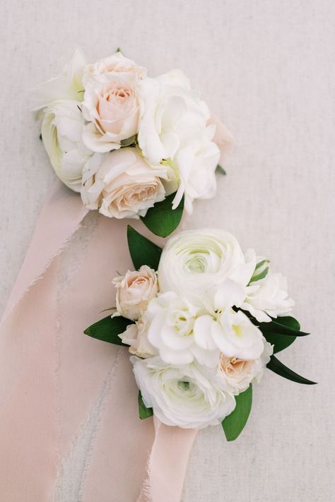 Ranunculus Boutonniere, Chic Wedding Inspiration, White Corsage, Wrist Corsage Wedding, White Freesia, White Spray Roses, Gorgeous Wedding Bouquet, Rose Corsage, White Ranunculus