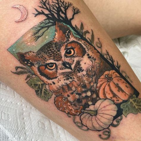 Morgan Alynn 🍄The Red Witch🍄 on Instagram: "Pumpkin owl friend made today from my flash 🎃 🦉" Tattoo Pumpkin, Pumpkin Owl, Pumpkin Tattoo, Red Witch, Halloween Owl, Owl Tattoo, Tattoo Ideas, Witch, Flash