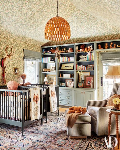 Pierce & Ward on Instagram: “We’ve always believed that kids rooms should be just as beautiful and sophisticated as the rest of the house and were so excited one of our…” Ad Home Architectural Digest, Colorful Wallpaper Nursery, Art In Nursery, Ad Bedroom Design, Architectural Digest Nursery, Wallpapered Nursery, Anthropologie Nursery, Bold Nursery Colors, Colorful Nursery Ideas