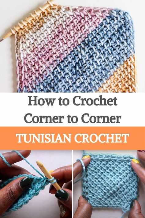 Flip Your Tunisian Crochet Project Around - Try Tunisian crochet corner-to-corner! This option is a fun way to reinvent the basics of Tunisian crochet - learn this technique with this step-by-step video tutorial and the written pattern below. Corner to corner, or C2C, crochet is a basic crochet technique. But did you know that you can also make corner by corner with Tunisian crochet? For this technique, start with a small number of stitches and gradually work your way up to the desired width... C2c Tunisian Crochet Blanket, Tunisian Crochet Potholder Patterns Free, Tunisian Crochet Squares Pattern Free, Crohook Patterns, C2c Tunisian Crochet, Tunisian Crochet Potholder, Easy Tunisian Crochet Stitches, Tunisian Crochet Dishcloth, How To Tunisian Crochet