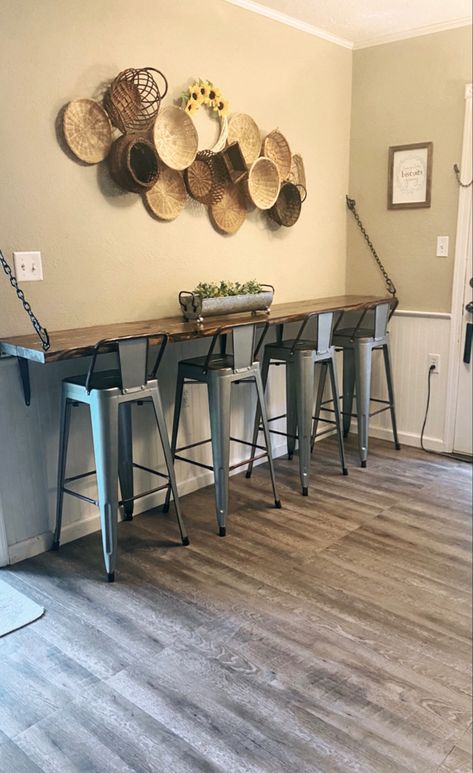 Bar Style Kitchen Table, Kitchen Bar Attached To Wall, Kitchen Bar Dining Table, Kitchen Bar On Wall, Wall Bar Counter Ideas, Small Bar Against Wall, Bar On The Wall Ideas, Diy Floating Coffee Bar, Small Bar Top Ideas