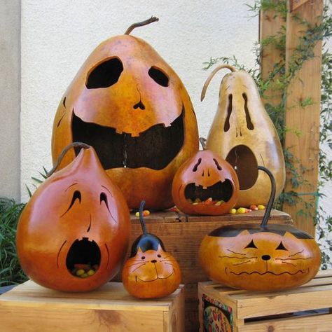 21 Epic Jack-O-Lanterns That Will Inspire You This Halloween Gourd Painting Ideas, Gourds Diy, Gourd Painting, Fall Gourds, Halloween Gourds, Gorgeous Gourds, Gourds Birdhouse, Decorative Gourds, Hand Painted Gourds