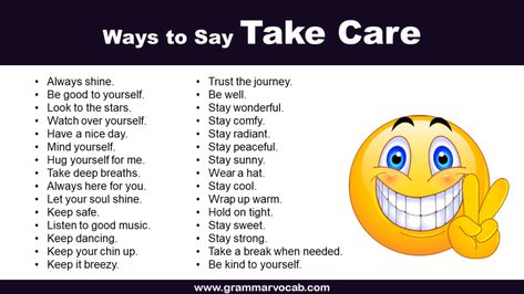 Saying “take care” is a lovely way to show someone that you care about their well-being. It’s a simple phrase, but it can mean a lot. Yet, there are many other sweet ways to express the same sentiment. Here, we’ll explore various heart-warming alternatives to the phrase “take care”. These can make your message more …  Sweet Ways to Say Take Care</spa... How To Say Take Care In Different Ways, Other Ways To Say Take Care, Ways To Say Take Care, Describing Characters, Other Ways To Say, Survival Skills Life Hacks, Keep Your Chin Up, Always Here For You, Conversational English