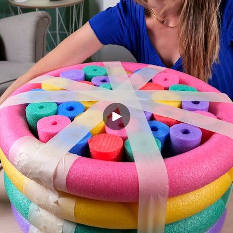 Diy Pool Noodle Furniture, Pool Noodle Valentine Crafts, Diy With Pool Noodles, Pool Noodle Furniture Diy, Pool Noodle Heart, Pool Noodle Ottoman Diy, Pool Noodle Ottoman, Pool Noodle Trampoline, Diy Pool Noodle Crafts