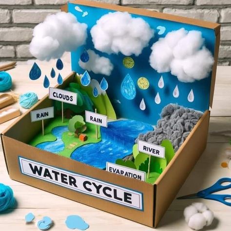 Water Cycle Craft, Kindergarten Science Projects, Water Cycle Project, Science Exhibition Ideas, Science Project Models, Science Exhibition Projects, School Science Projects, School Kids Crafts, Craft Work For Kids