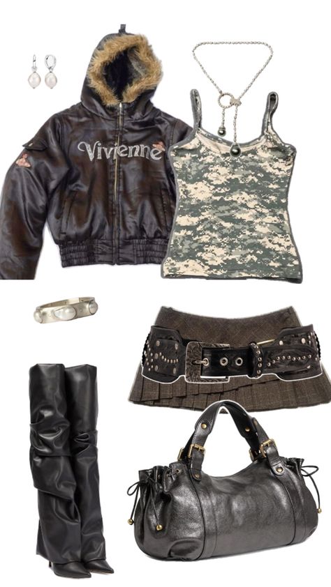 Y2k Winter Outfit Edge 2000s Fashion Winter, Brown Y2k Outfit, Y2k Mini Skirt Outfit, Brown Leather Skirt Outfit, Leather Skirt Outfit Winter, Winter Outfits Y2k, Long Boots With Heels, Mandy Milkovich, Fur Boots Outfit