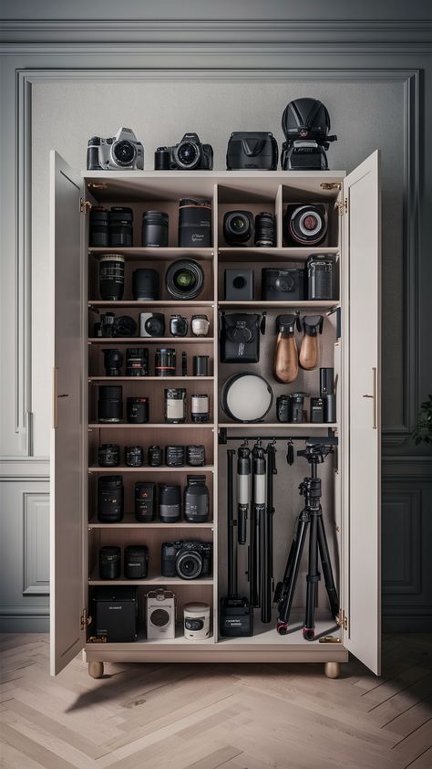 📸 Maximize your small studio space with a compact photography gear cabinet designed for efficient camera storage. This solution offers sleek photography equipment storage, making sure your gear is organized and easily accessible in tight spaces. #CompactStorage #PhotographyGearCabinet #CameraStorage Photography Equipment Organization, Photo Equipment Storage, Photographer Room Ideas, Photography Studio Organization Ideas, Photo Studio Storage, Camera Storage Ideas, Camera Closet, Photography Studio Storage, Photography Studio Organization