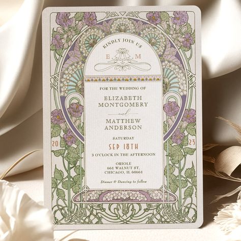 Art Nouveau Wedding Invitation, Lilac Wedding Invitations, Navy Blue And Gold Wedding, Green Gold Weddings, Art Nouveau Mucha, Blue Gold Wedding, Retro Wedding Invitations, Art Nouveau Weddings, Art Deco Wedding Invitations