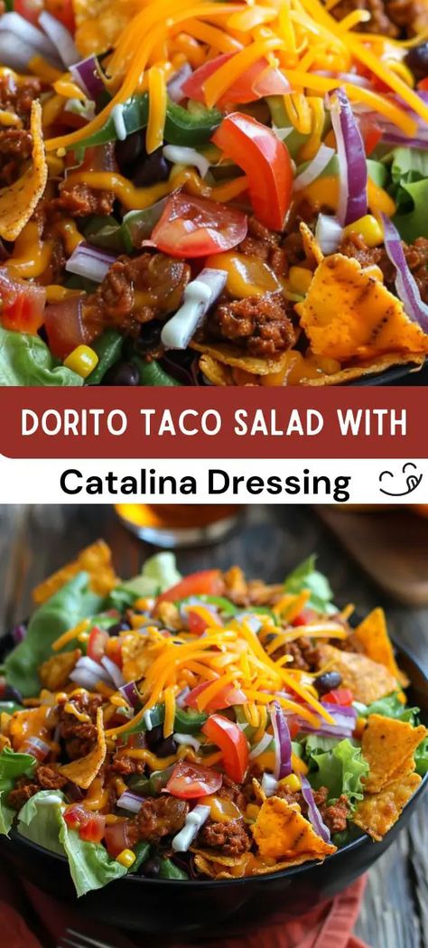 Dorito Taco Salad with Catalina Dressing Recipe Dorito Taco Salad With Catalina Dressing Ground Beef, Catalina Taco Salad Doritos, Dorito Salad With Catalina Dressing, Taco Salad Catalina Dressing, Catalina Taco Salad, Dorito Salad, Doritos Salad, Taco Salad With Catalina Dressing, Catalina Dressing Recipes